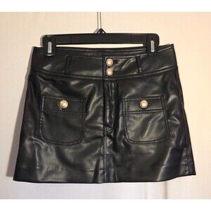 H&M Divided Black Faux Leather Mini Skirt Women’s Size 2 Gold Button Y2K